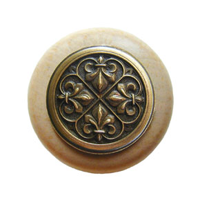 Notting Hill [NHW-760N-AB] Wood Cabinet Knob - Fleur-de-Lis - Natural - Antique Brass Finish - 1 1/2" Dia.