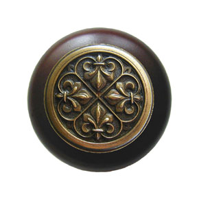 Notting Hill [NHW-760W-AB] Wood Cabinet Knob - Fleur-de-Lis - Dark Walnut - Antique Brass Finish - 1 1/2" Dia.