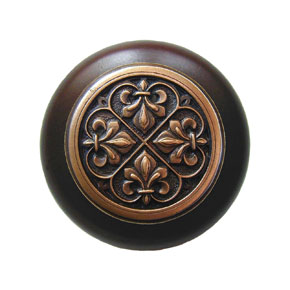 Notting Hill [NHW-760W-AC] Wood Cabinet Knob - Fleur-de-Lis - Dark Walnut - Antique Copper Finish - 1 1/2" Dia.