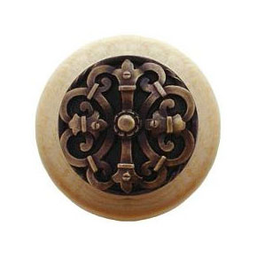Notting Hill [NHW-776N-AB] Wood Cabinet Knob - Chateau - Natural - Antique Brass Finish - 1 1/2" Dia.