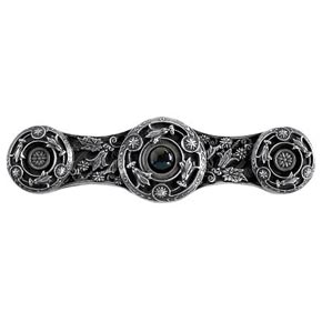 Notting Hill [NHP-661-AP-O] Solid White Metal Cabinet Pull Handle - Jeweled Lily - Black Onyx Natural Stone - Antique Pewter Finish - 3 7/8" L