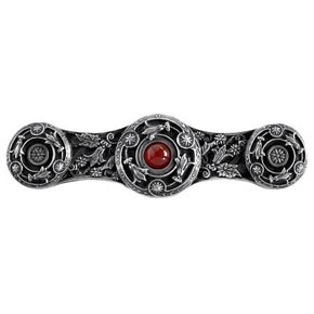 Notting Hill [NHP-661-AP-RC] Solid White Metal Cabinet Pull Handle - Jeweled Lily - Red Carnelian Natural Stone - Antique Pewter Finish - 3 7/8" L