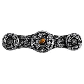 Notting Hill [NHP-661-AP-TE] Solid White Metal Cabinet Pull Handle - Jeweled Lily - Tiger Eye Natural Stone - Antique Pewter Finish - 3 7/8" L