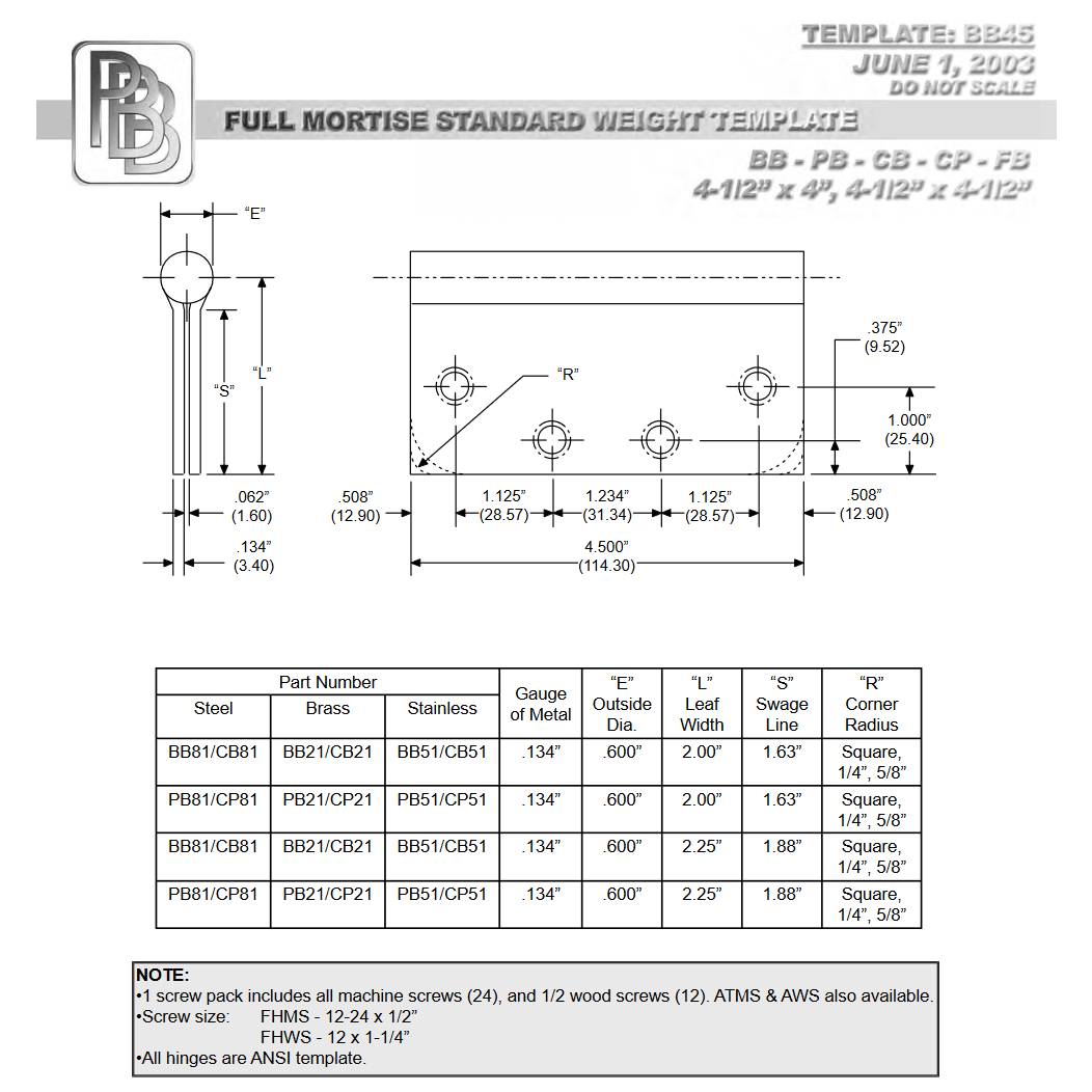 PBB BB-45 Door Butt Hinge