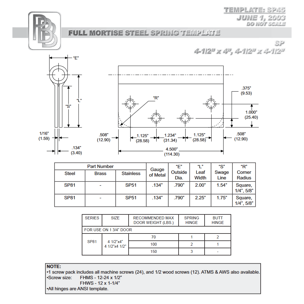 PBB SP45 Door Spring Hinge