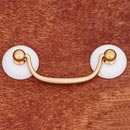RK International [CP-351] Solid Brass Cabinet Bail Pull - Curved Handle - Plain White Porcelain Rosettes - Polished Brass Finish - 3&quot; C/C - 4 1/4&quot; L