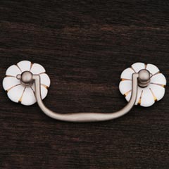 RK International [CP-352-P] Solid Brass Cabinet Bail Pull - Curved Handle - White Porcelain Flower w/ Gold Lines Rosettes - Satin Nickel Finish - 3&quot; C/C - 4 1/4&quot; L