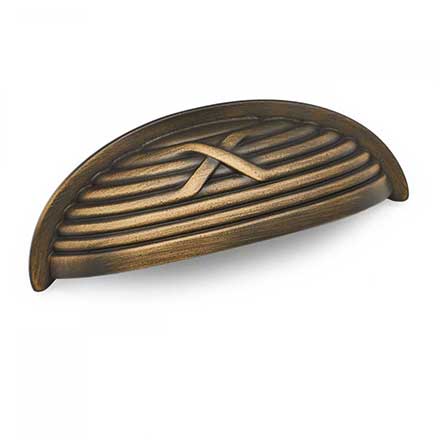 RK International [CF-956-AE] Solid Brass Cabinet Cup Pull - Lines &amp; Single Cross Rounded - Antique English Finish - 3&quot; C/C - 3 3/4&quot; L