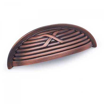 RK International [CF-956-DC] Solid Brass Cabinet Cup Pull - Lines &amp; Single Cross Rounded - Distressed Copper Finish - 3&quot; C/C - 3 3/4&quot; L