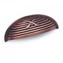 RK International [CF-956-DC] Solid Brass Cabinet Cup Pull - Lines &amp; Single Cross Rounded - Distressed Copper Finish - 3&quot; C/C - 3 3/4&quot; L