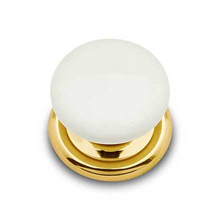 RK International [CK-312] Porcelain Cabinet Knob - Flat Round - White - Polished Brass Base - 1 1/4&quot; Dia.