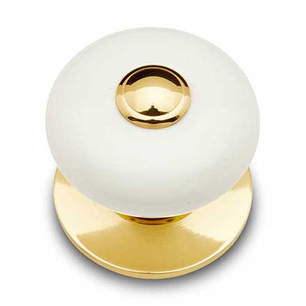 RK International [CK-316] Porcelain Cabinet Knob - Large Fat Round - White w/ Brass Tip - Polished Brass Base - 1 1/4" Dia.