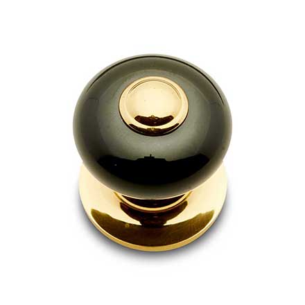 RK International [CK-317] Porcelain Cabinet Knob - Small Fat Round - Black w/ Brass Tip - Polished Brass Base - 1" Dia.