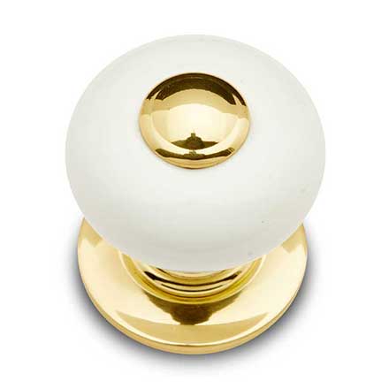 RK International [CK-320] Porcelain Cabinet Knob - Small Fat Round - White w/ Brass Tip - Polished Brass Base - 1" Dia.