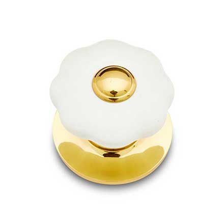 RK International [CK-321] Porcelain Cabinet Knob - Flower - White w/ Brass Tip - Polished Brass Base - 1 1/4" Dia.