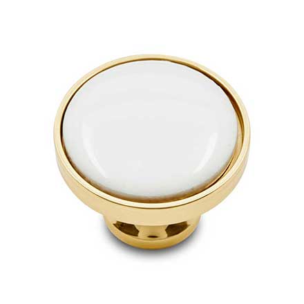 RK International [CK-515-BW] Solid Brass Cabinet Knob - Flat Round w/ White Porcelain Insert - Polished Brass Finish - 1 1/4" Dia.