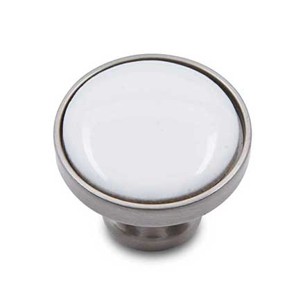 RK International [CK-515-PW] Solid Brass Cabinet Knob - Flat Round w/ White Porcelain Insert - Satin Nickel Finish - 1 1/4" Dia.