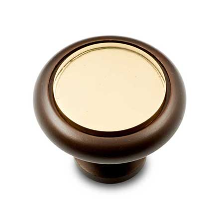 RK International [CK-5214-BRB] Solid Brass Cabinet Knob - Plain w/ Flat Brass Insert - Oil Rubbed Bronze &amp; Polished Brass Finish - 1 1/4" Dia.