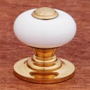 RK International [CK-320] Porcelain Cabinet Knob - Small Fat Round - White w/ Brass Tip - Polished Brass Base - 1" Dia.