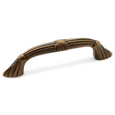 RK International [CP-854-AE] Solid Brass Cabinet Pull Handle - Ornate Bow w/ Lines &amp; Crosses - Standard Size - Antique English Finish - 3 1/2" C/C - 4 11/16" L