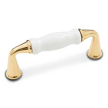RK International [CP-11-BW] Solid Brass Cabinet Pull Handle - White Porcelain Middle - Standard Size - Polished Brass Finish - 3&quot; C/C - 3 5/8&quot; L