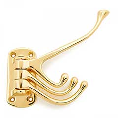 RK International [HK-5820] Solid Brass Coat &amp; Hat Hook - Triple Pronged Swivel - Polished Brass Finish - 4 3/4&quot; L x 1 1/2&quot; W