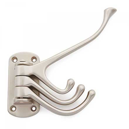 RK International [HK-5820-P] Solid Brass Coat &amp; Hat Hook - Triple Pronged Swivel - Satin Nickel Finish - 4 3/4" L x 1 1/2" W