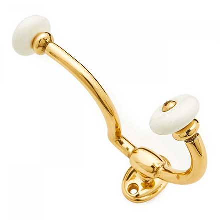 RK International [HK-5822] Solid Brass Coat &amp; Hat Hook - Porcelain Ends - Polished Brass Finish - 4 1/2" L x 1 1/2" W