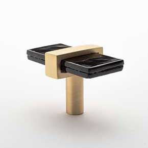 Sietto [K-1903-SB] Glass Cabinet Knob - Adjustable Series - Black Glass - Satin Brass Base - 2" L