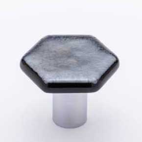 Sietto [K-1702-PC] Glass Cabinet Knob - Hexagon Series - Irid Silver Black - Polished Chrome Base - 1 1/4" Dia.