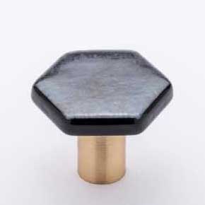 Sietto [K-1702-SB] Glass Cabinet Knob - Hexagon Series - Irid Silver Black - Satin Brass Base - 1 1/4" Dia.