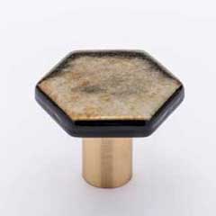 Sietto [K-1703-SB] Glass Cabinet Knob - Hexagon Series - Irid Gold Black - Satin Brass Base - 1 1/4&quot; Dia.