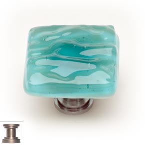 Sietto [K-207-SN] Handmade Glass Cabinet Knob - Glacier - Aqua - Satin Nickel Base - 1 1/4" Sq.