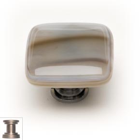Sietto [K-305-SN] Handmade Glass Cabinet Knob - Cirrus - White w/ Brown - Satin Nickel Base - 1 1/4" Sq.