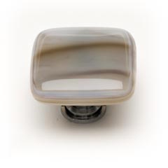 Sietto [K-305-SN] Handmade Glass Cabinet Knob - Cirrus - White w/ Brown - Satin Nickel Base - 1 1/4" Sq.