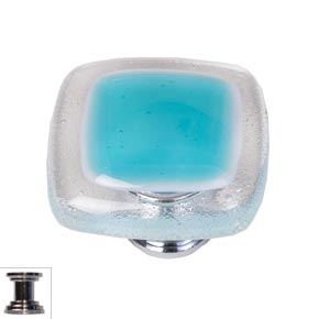 Sietto [K-708-PC] Handmade Glass Cabinet Knob - Reflective - Aqua - Polished Chrome Base - 1 1/4" Sq.