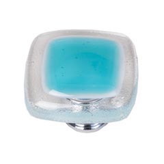 Sietto [K-708-PC] Handmade Glass Cabinet Knob - Reflective - Aqua - Polished Chrome Base - 1 1/4&quot; Sq.
